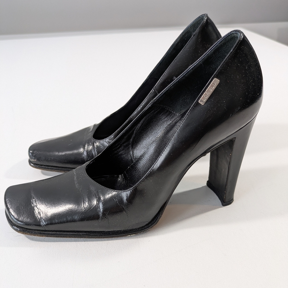 Vintage Loriblu Leather Square Toe Wide Heels Black Size 37